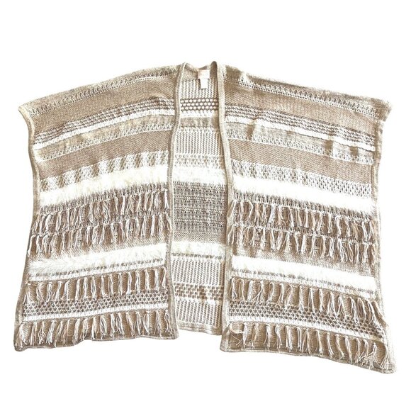 Chicos Women’s Mya Ruana Open Poncho Wrap Bohemian Textured Mixed Knit Fringe OS - Picture 3 of 10